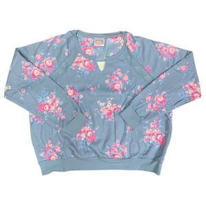 Treasures By Shabby Chic Stylish Fleece V-Neck Sweatshirt (Denim Floral, XXL)